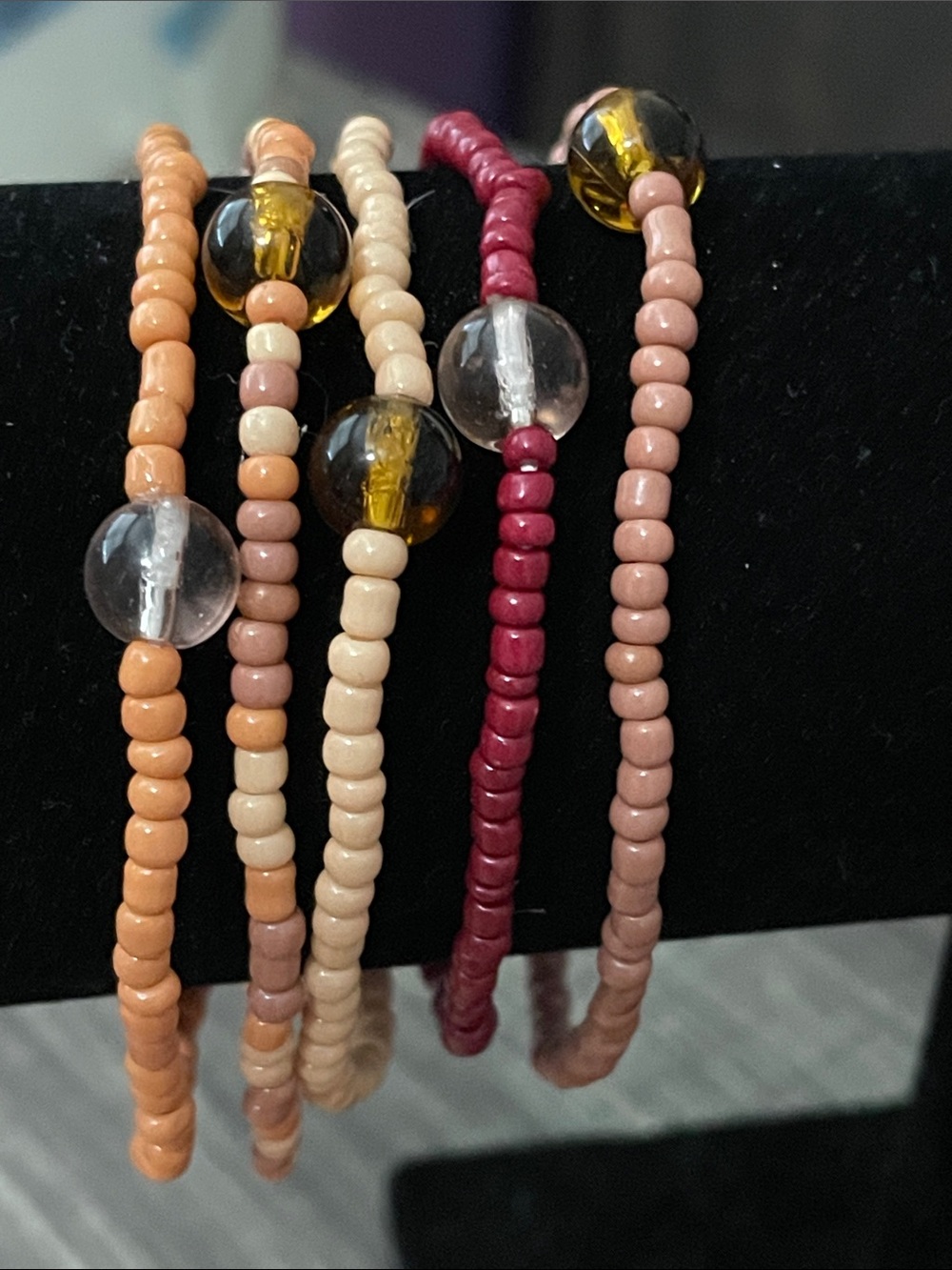 Thanksgiving Fall5 Seed Beaded Stackable Bracelets - Brown Tone Cream & Burgundy